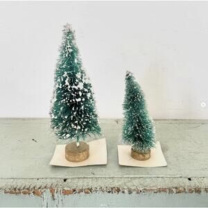 Vintage Christmas Tree Bottlebrush Green Flocked Gold Wood Base Cardboard PAIR